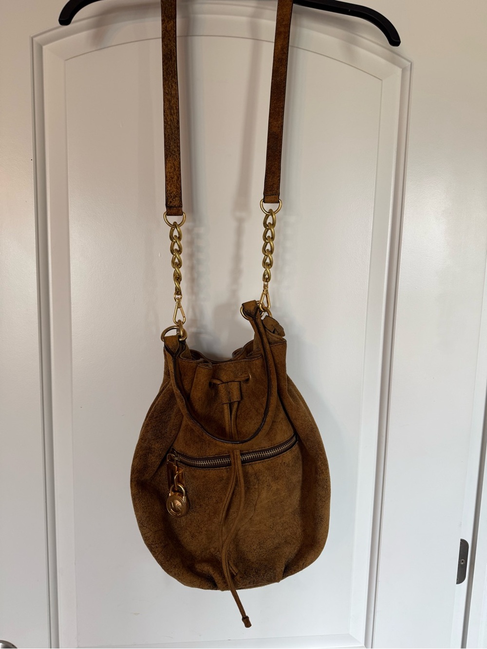 Michael Kors Suede Drawstring Bucket Bag in Brown with Gold Hardware - Picture 2 of 3